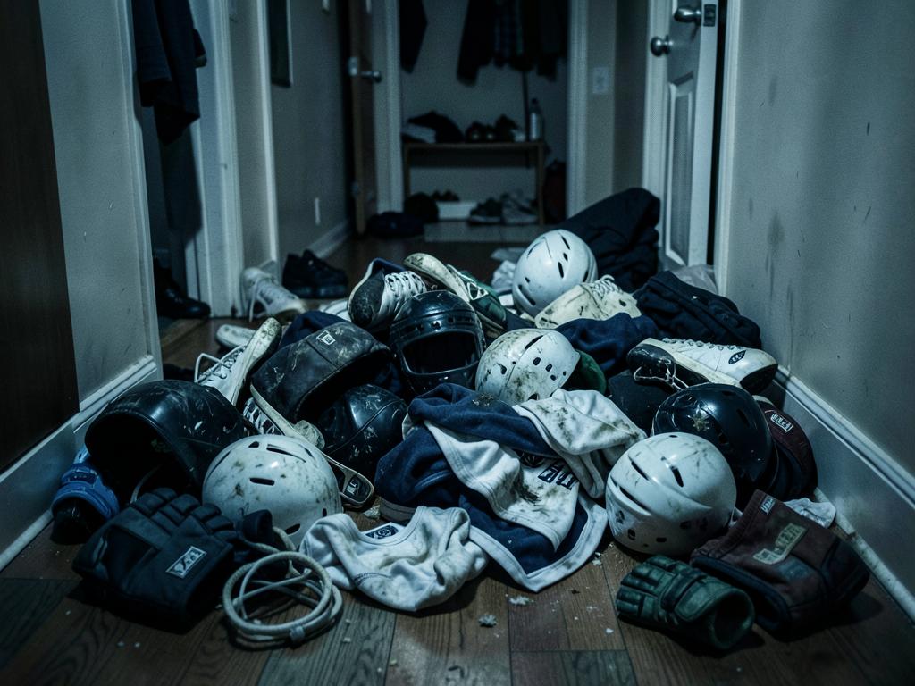 Hockeyutrustning i en hög på hallgolvet